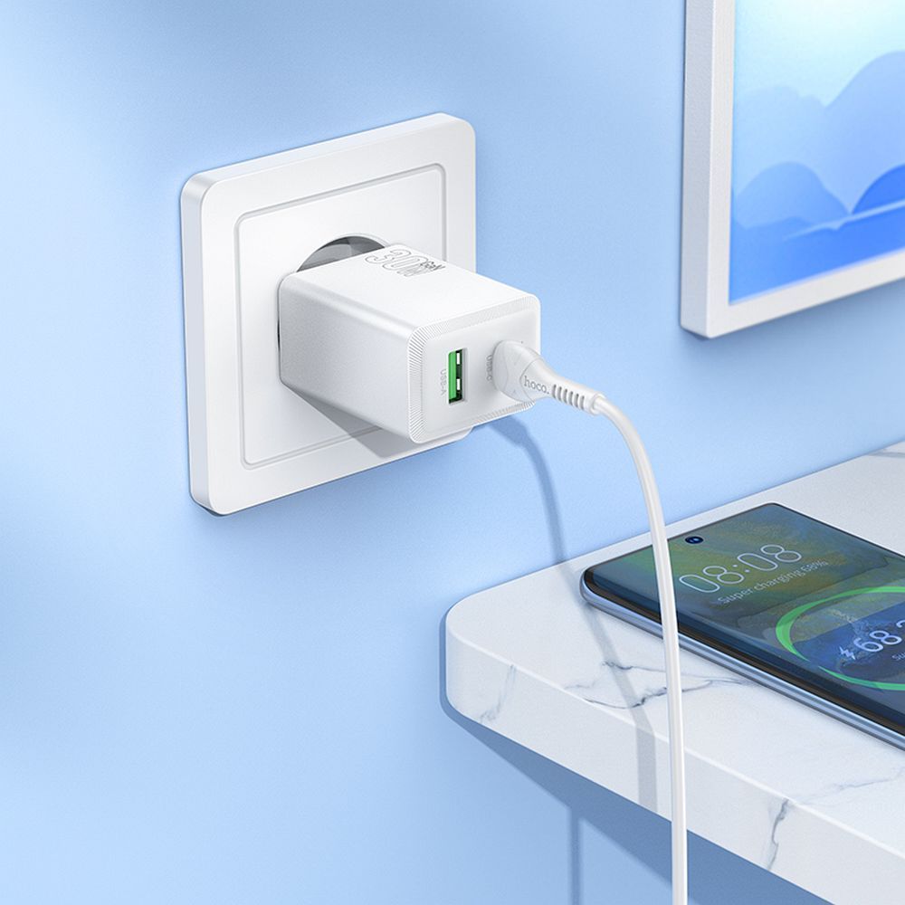 Chargeur Réseau HOCO N71, 30W, 3A, 1 x USB-A - 1 x USB-C, Blanc