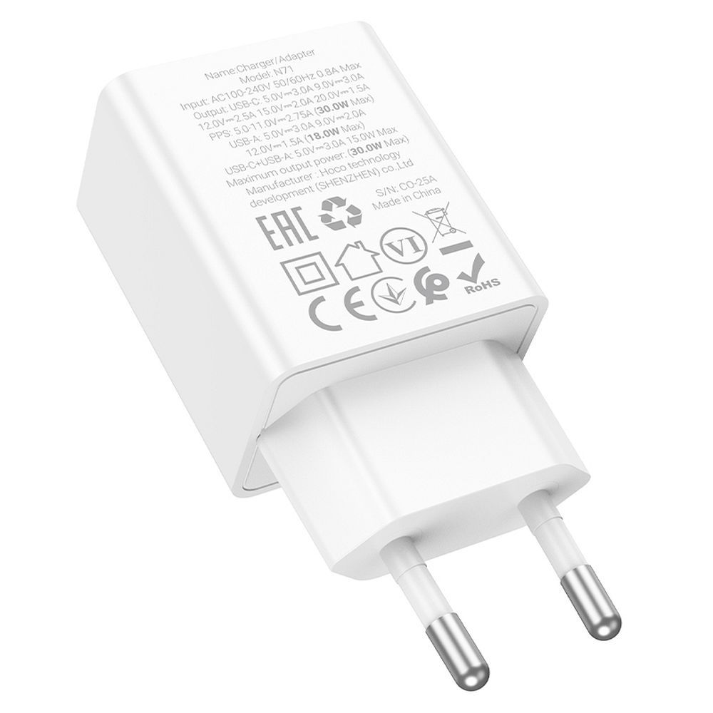 Chargeur Réseau HOCO N71, 30W, 3A, 1 x USB-A - 1 x USB-C, Blanc