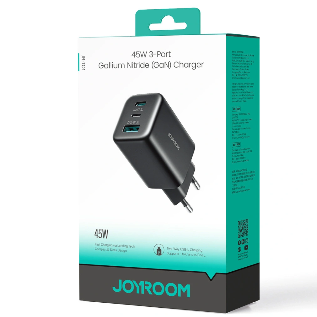 Chargeur secteur Joyroom JR-TO1, 45W, 3A, 1 x Lightning - 1 x USB-A - 1 x USB-C, Noir