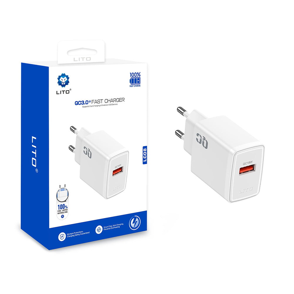 Chargeur Réseau Lito LC08, 18W, 3A, 1 x USB-A, Blanc