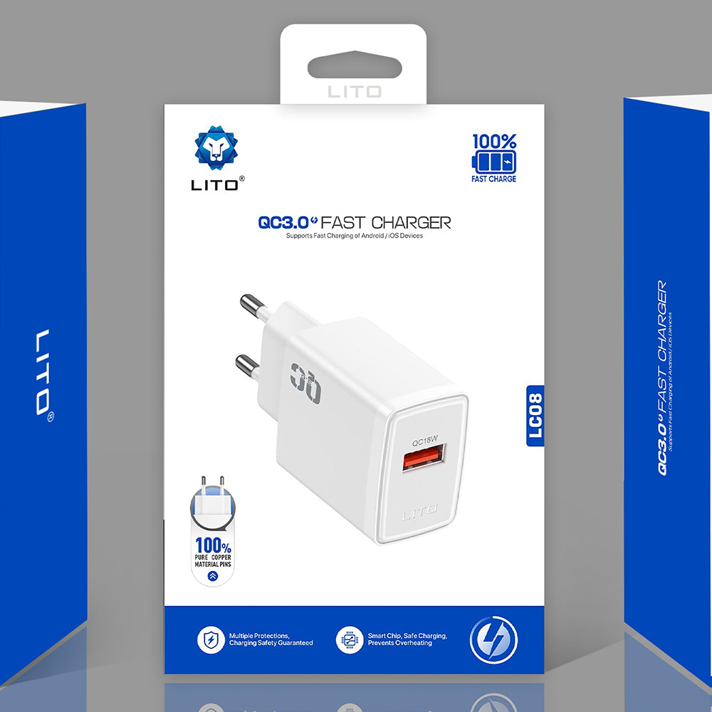 Chargeur Réseau Lito LC08, 18W, 3A, 1 x USB-A, Blanc
