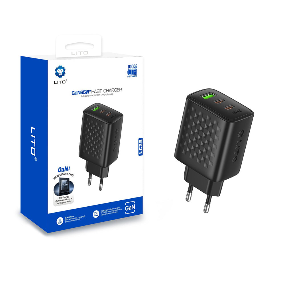 Chargeur Réseau Lito LC25, 65W, 3.25A, 1 x USB-A - 2 x USB-C, Noir