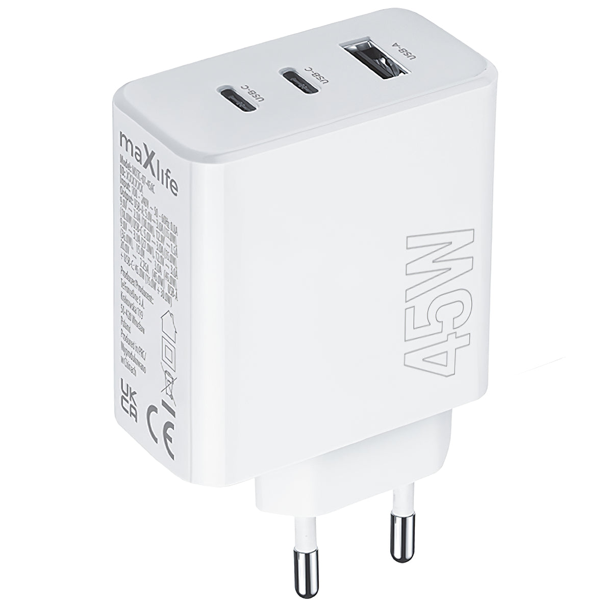 Chargeur réseau MaXlife MXTC-07-45ACC, 45W, 3A, 1 x USB-A - 2 x USB-C, blanc