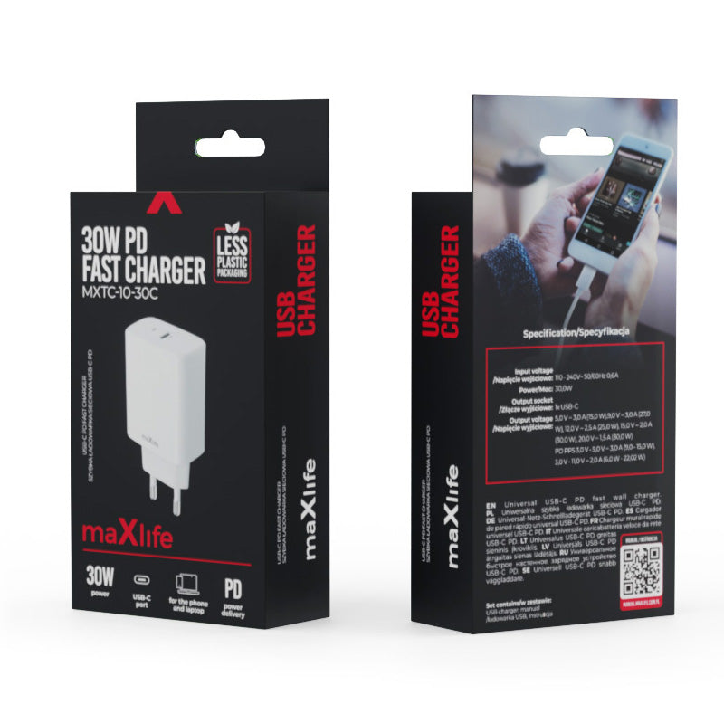 Chargeur réseau MaXlife MXTC-10-30C, 30W, 3A, 1 x USB-C, blanc