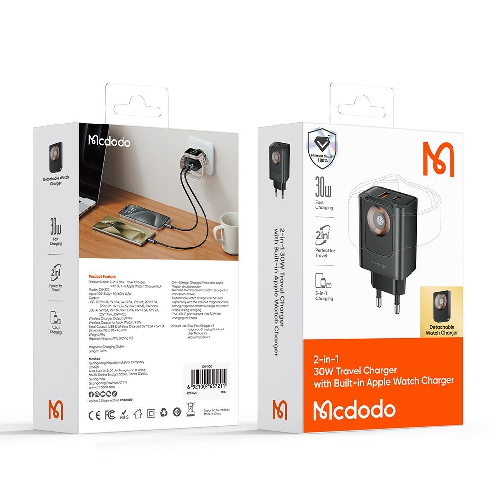 Chargeur Réseau McDodo CH-3700 Companion, 30W, 3A, 1 x USB-A - 1 x USB-C, Noir