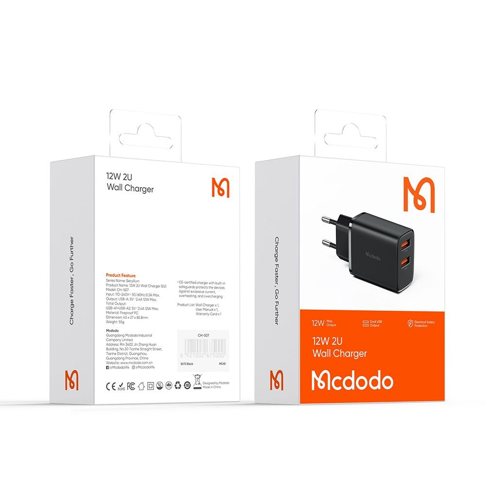 Chargeur Réseau McDodo CH-5070 Beryllium, 12W, 2.4A, 2 x USB-A, Noir