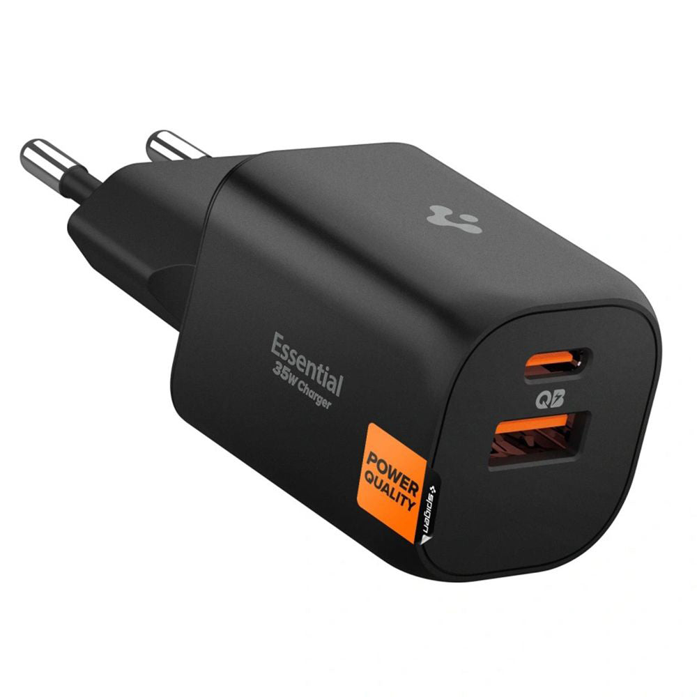 Chargeur Réseau Spigen Essential, 35W, 3A, 1 x USB-A - 1 x USB-C, Noir