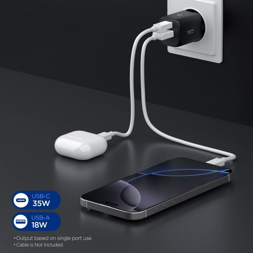 Chargeur Réseau Spigen Essential, 35W, 3A, 1 x USB-A - 1 x USB-C, Noir