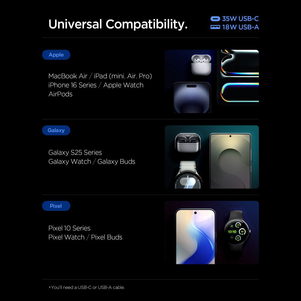 Chargeur Réseau Spigen Essential, 35W, 3A, 1 x USB-A - 1 x USB-C, Noir