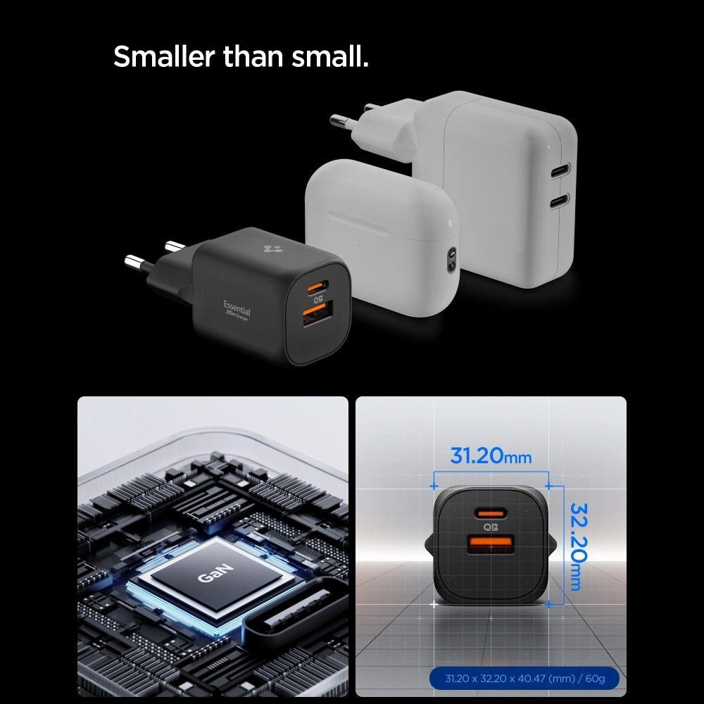Chargeur Réseau Spigen Essential, 35W, 3A, 1 x USB-A - 1 x USB-C, Noir
