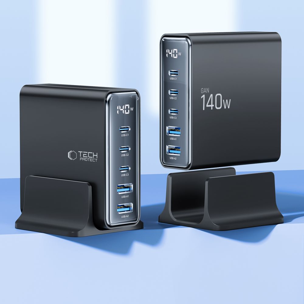 Tech-Protect DC140W Charging Station, 140W, 3A, 2 x USB-A - 3 x USB-C, Black