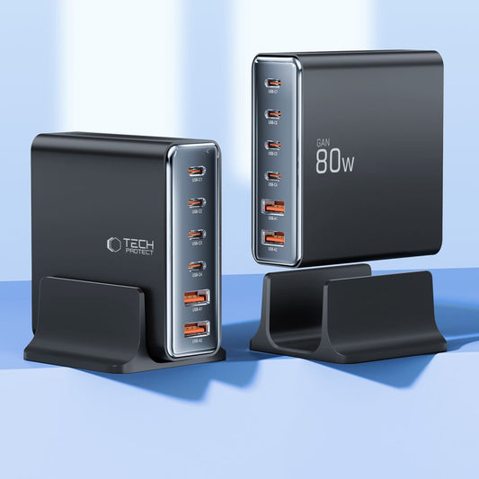 Netzwerk-Ladegerät Tech-Protect DC80W, 80W, 3A, 2 x USB-A - 4 x USB-C, Schwarz