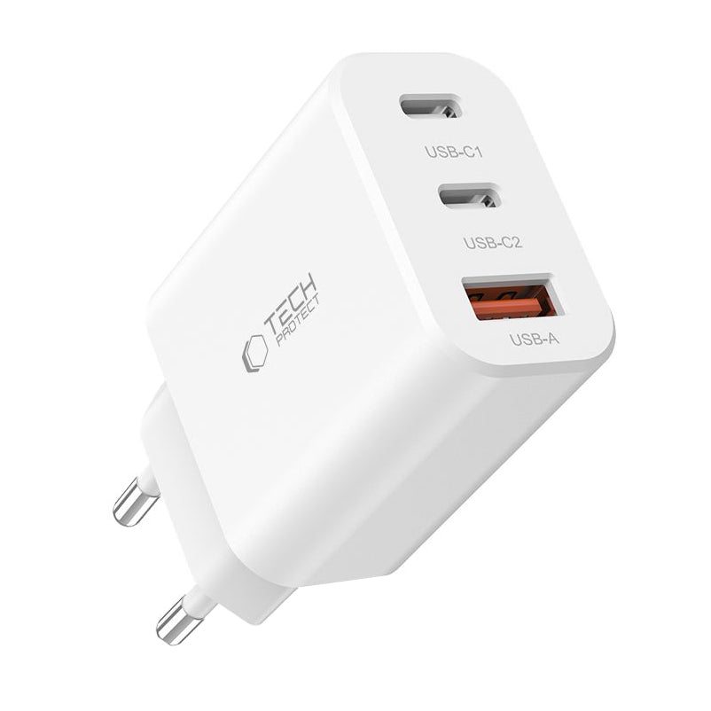 Chargeur réseau Tech-Protect NC30W, 30W, 3A, 1 x USB-A - 2 x USB-C, blanc