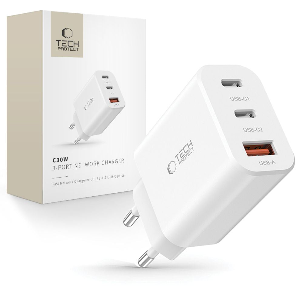 Chargeur réseau Tech-Protect NC30W, 30W, 3A, 1 x USB-A - 2 x USB-C, blanc