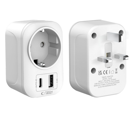 Netzladegerät Tech-Protect TA100 Travel UK, 20W, 3A, 1 x Schuko - 1 x USB-A - 1 x USB-C, Weiß