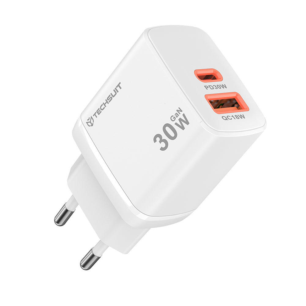Chargeur réseau Techsuit CH1 Duonix, 30W, 3A, 1 x USB-A - 1 x USB-C, Blanc