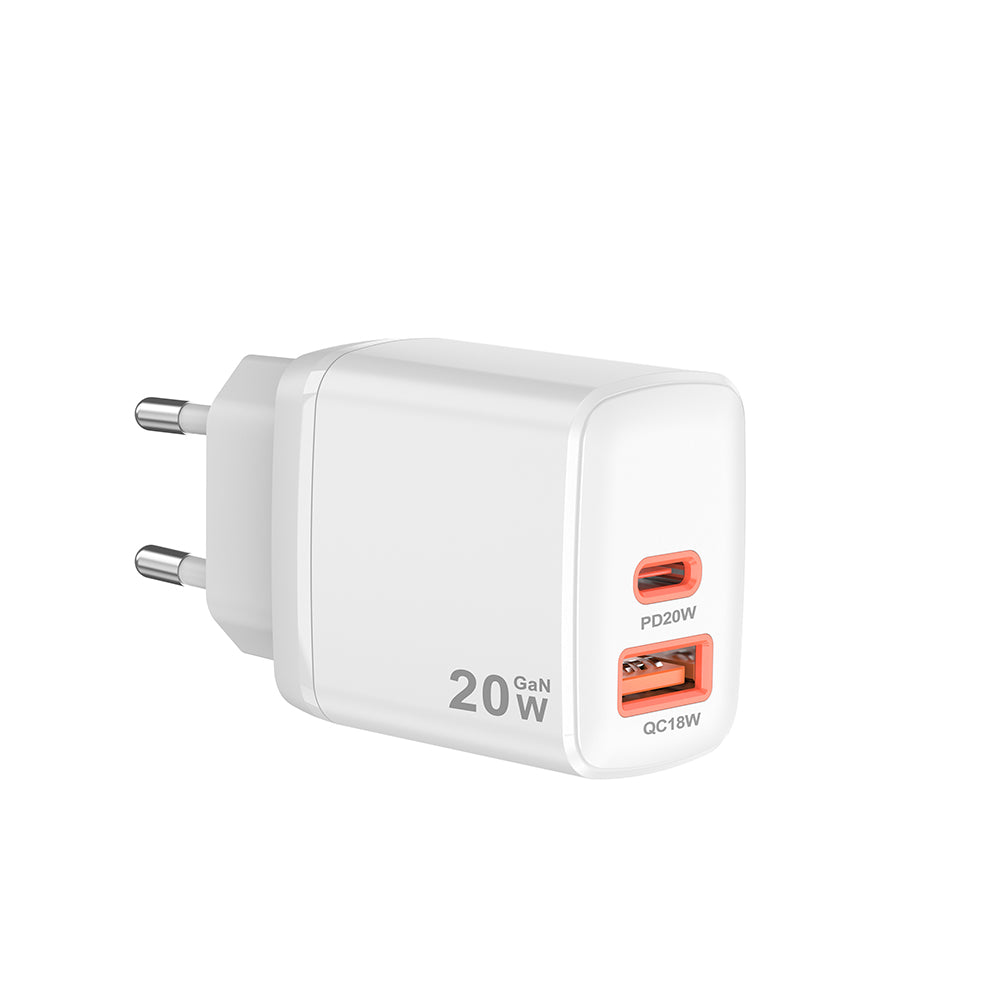 Chargeur Réseau Techsuit CH2 Duonix, 20W, 3A, 1 x USB-A - 1 x USB-C, Blanc