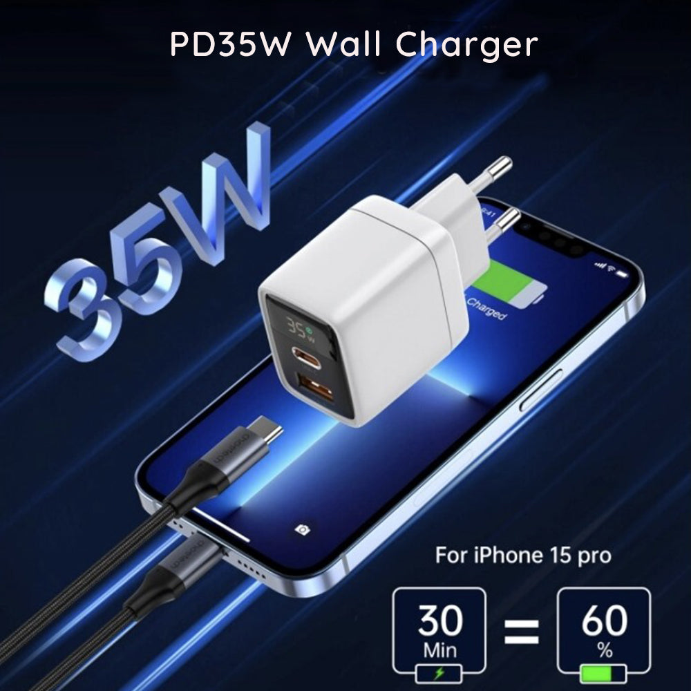 Netzladegerät Techsuit CH3 LEDChargX Display, 35W, 3A, 1 x USB-A - 1 x USB-C, Schwarz