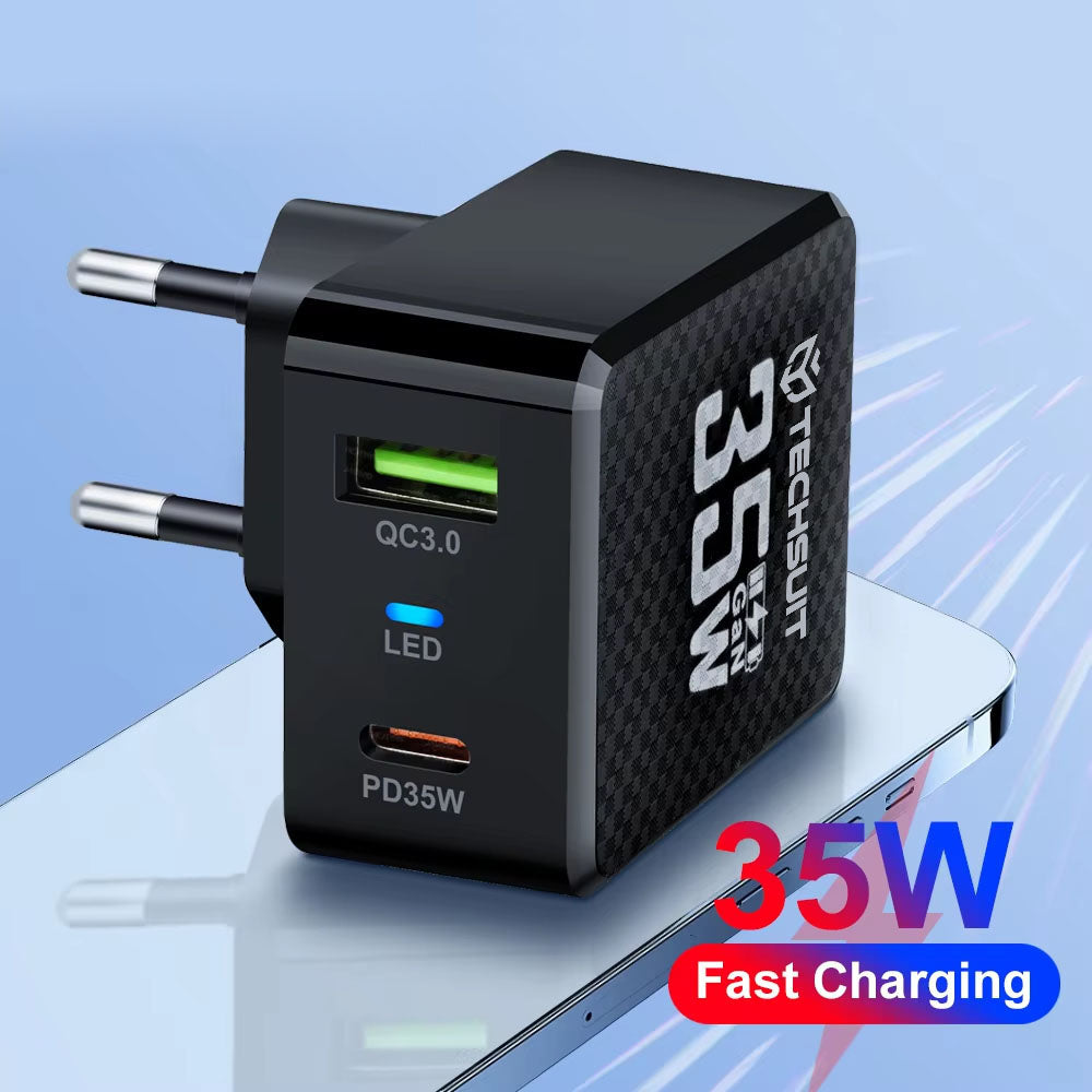 Techsuit CHPD173 Tiny Network Charger, 35W, 3A, 1 x USB-A - 1 x USB-C, Black