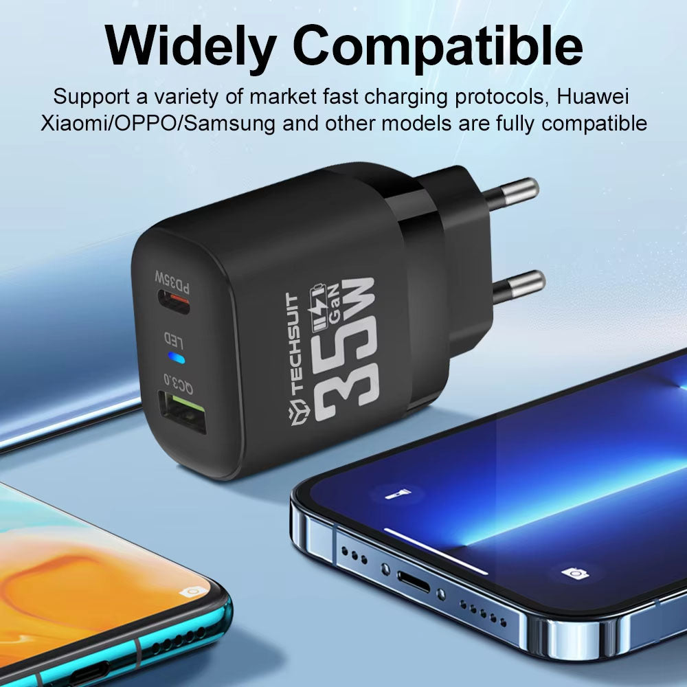 Chargeur réseau Techsuit CHPD174, 35W, 3A, 1 x USB-A - 1 x USB-C, Noir