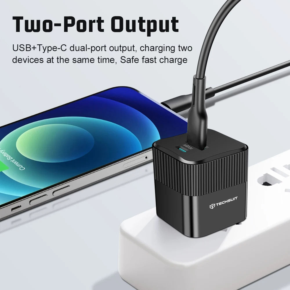 Netzladegerät Techsuit CHPD216 Tiny, 25W, 3A, 1 x USB-A - 1 x USB-C, Schwarz