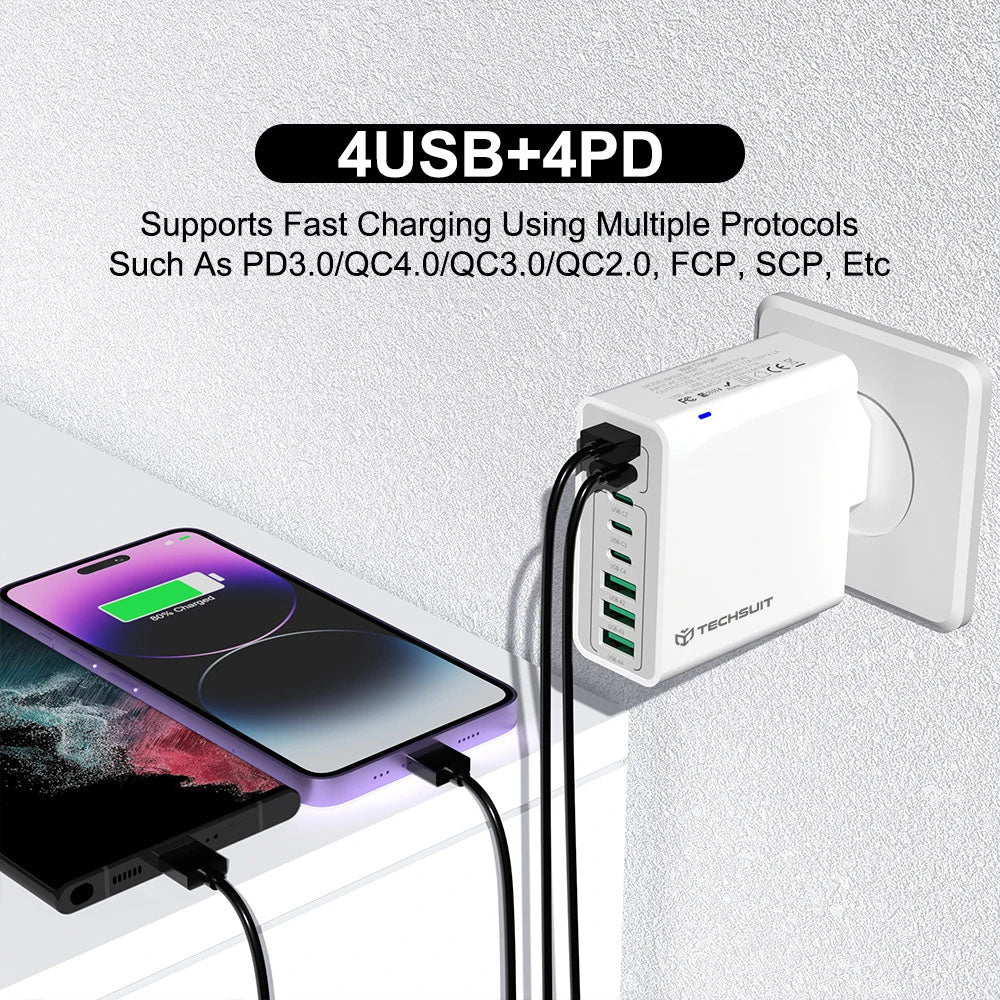 Chargeur Réseau Techsuit CHPD224, 65W, 3.25A, 4 x USB-A - 4 x USB-C, Noir