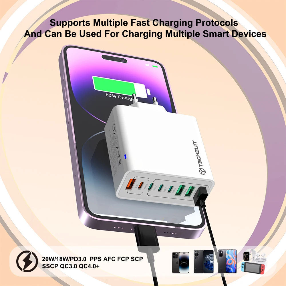 Chargeur Réseau Techsuit CHPD224, 65W, 3.25A, 4 x USB-A - 4 x USB-C, Noir