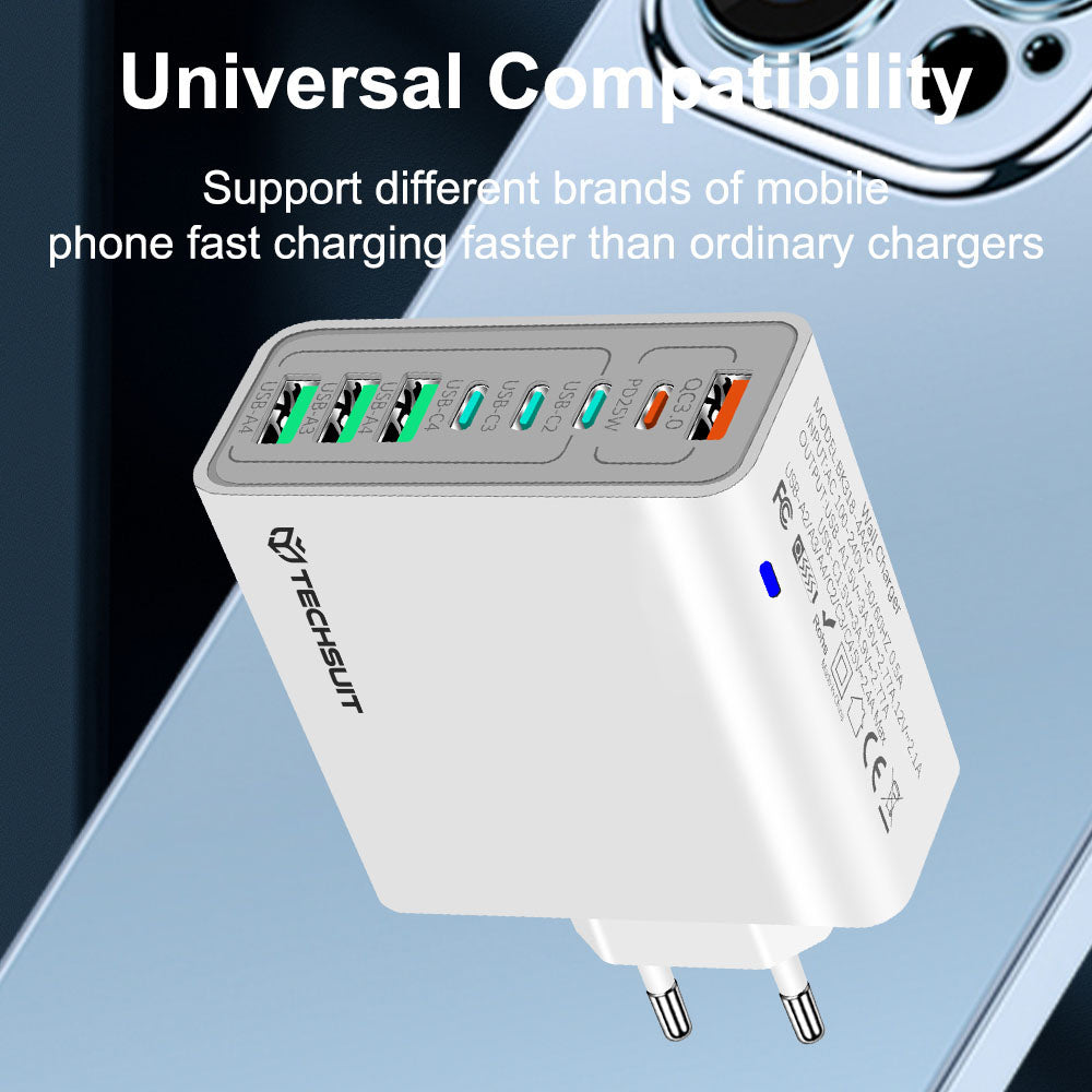 Chargeur Réseau Techsuit CHPD224, 65W, 3.25A, 4 x USB-A - 4 x USB-C, Noir