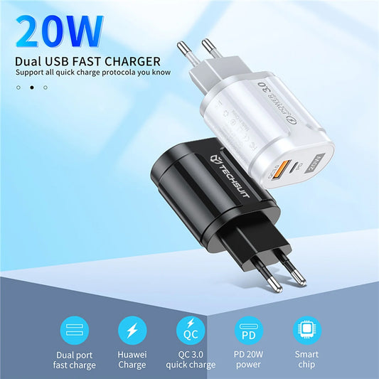 Chargeur Réseau Techsuit Premium, 20W, 3A, 1 x USB-A - 1 x USB-C, Blanc