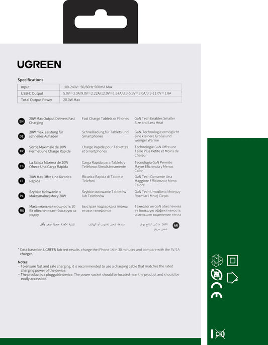 Chargeur réseau UGREEN CD318, 20W, 3A, 1 x USB-C, Gris