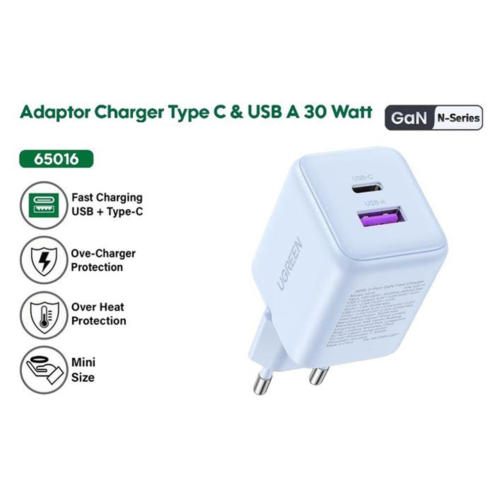Chargeur Réseau UGREEN X516, 30W, 3A, 1 x USB-A - 1 x USB-C, Bleu