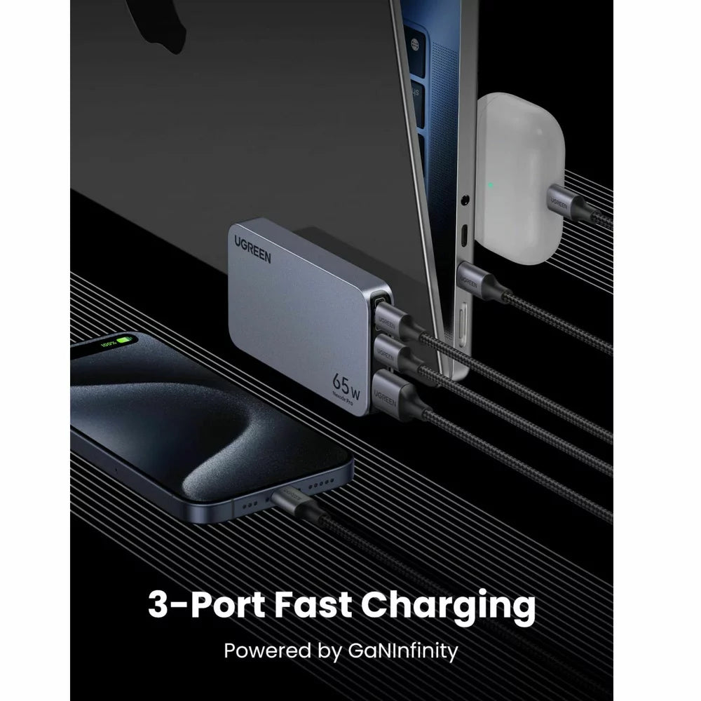 Netzwerk-Ladegerät UGREEN X753 Nexode Pro, 65W, 3A, 1 x USB-A - 2 x USB-C, Grau