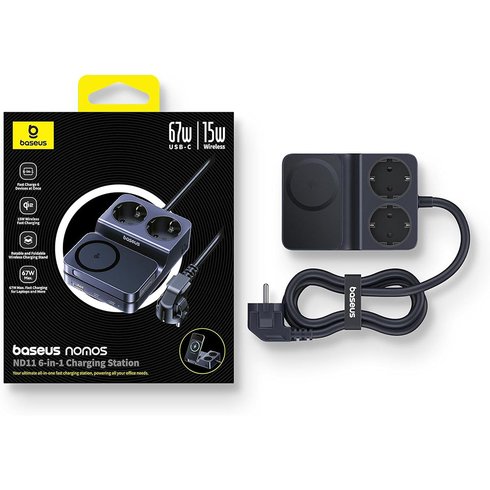 Chargeur Station Baseus Nomos ND11 QI 6en1, 67W, 3.35A, 1 x USB-A - 2 x USB-C - 2 x Schuko, Noir P80015804213-00