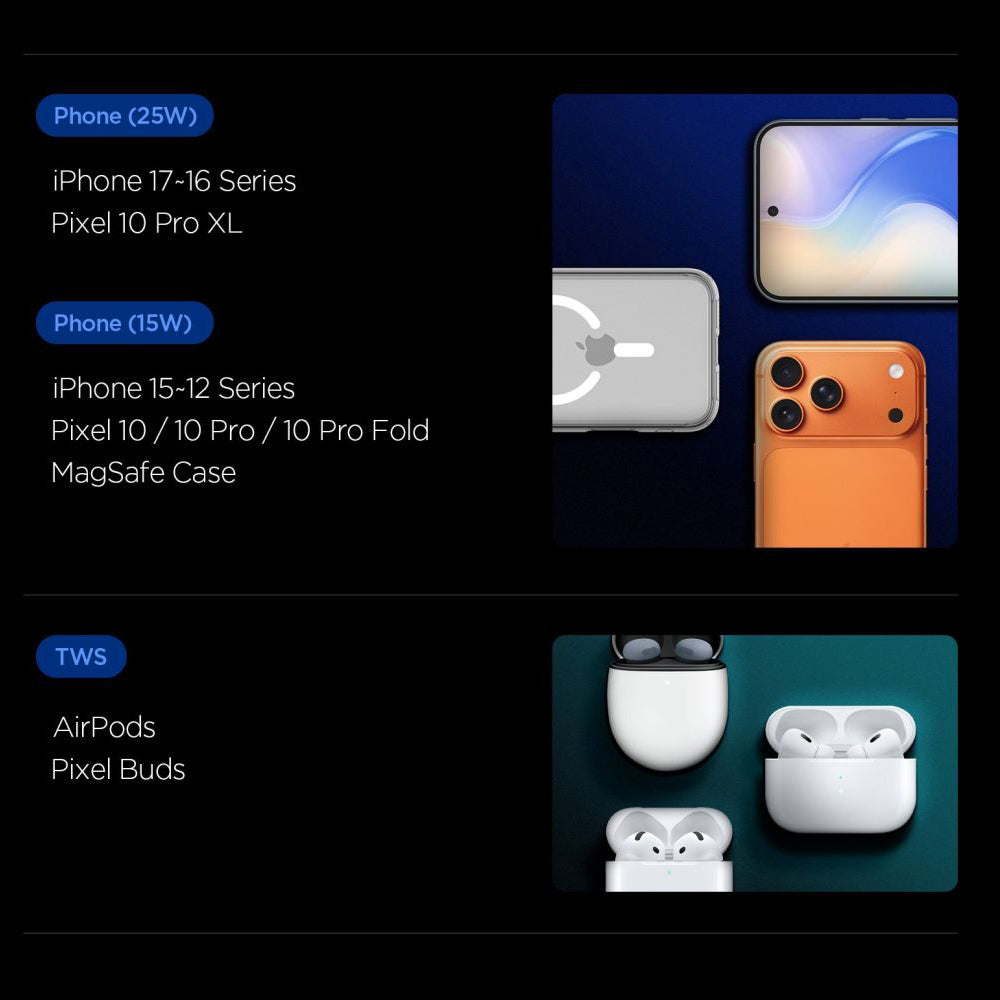 Chargeur Réseau Sans Fil Spigen EF302MOQ 3en1, 25W, 1 x USB-C, Gris