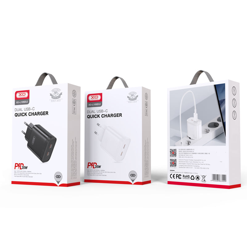 Chargeur réseau XO Design L105, 35W, 3A, 2 x USB-C, blanc