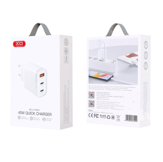 Chargeur réseau XO Design L117, 45W, 3A, 1 x USB-A - 2 x USB-C, blanc
