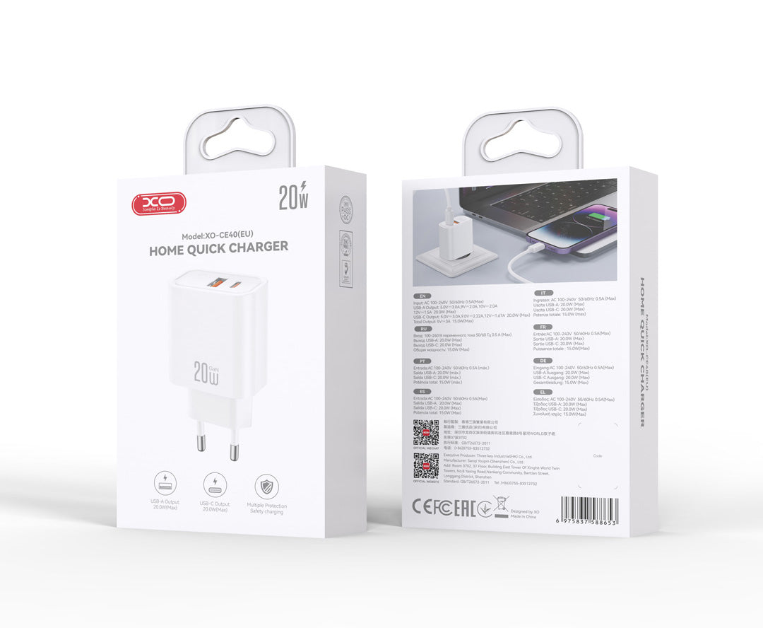 Netzteil XO Design CE40, 20W, 3A, 1 x USB-A - 1 x USB-C, Weiß
