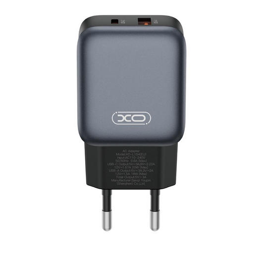 Chargeur Réseau XO Design L154, 20W, 3A, 1 x USB-A - 1 x USB-C, Noir