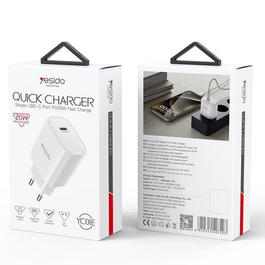 Chargeur réseau Yesido YC01E, 20W, 3A, 1 x USB-C, Blanc