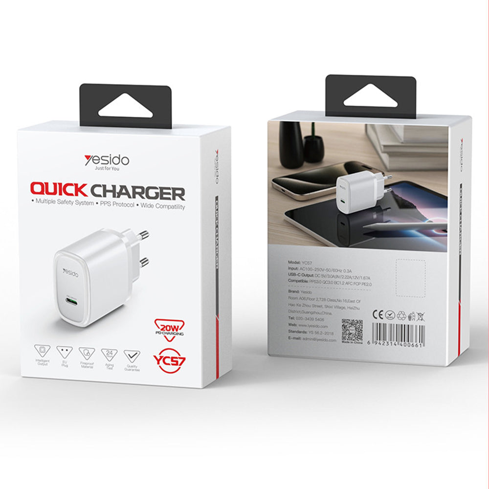 Netzladegerät Yesido YC57, 20W, 3A, 1 x USB-C, Weiß