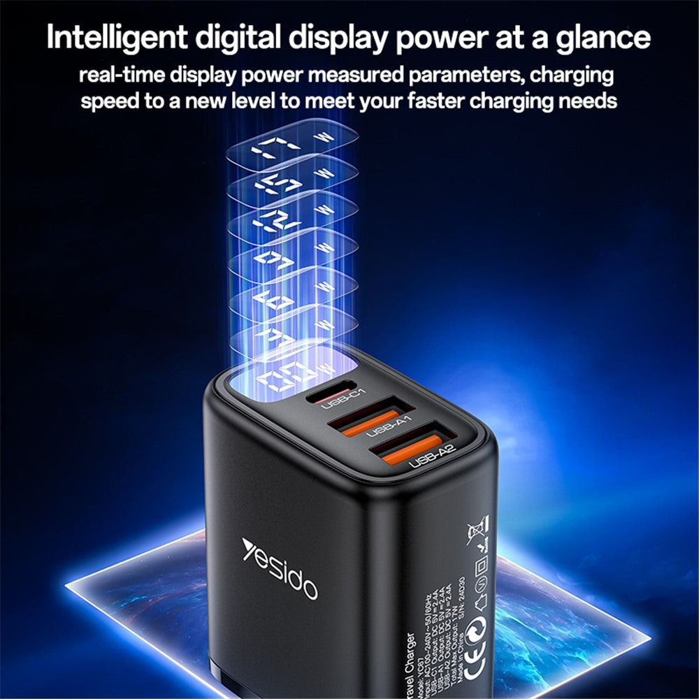 Chargeur Réseau Yesido YC67 Display, 17W, 2.4A, 1 x USB-C - 2 x USB-A, Noir