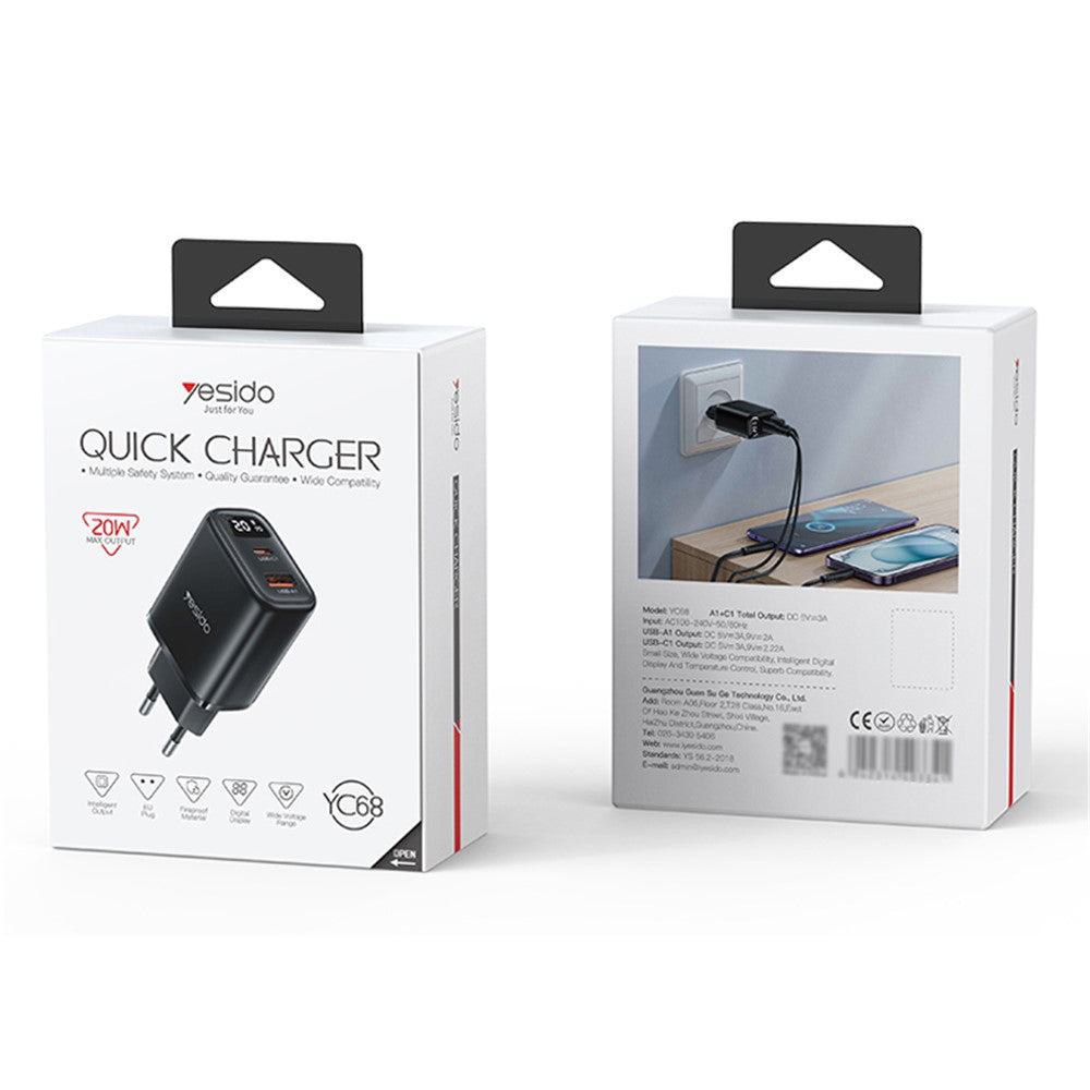 Chargeur Réseau Yesido YC68, Affichage 20W, 3A, 1 x USB-A - 1 x USB-C, Noir