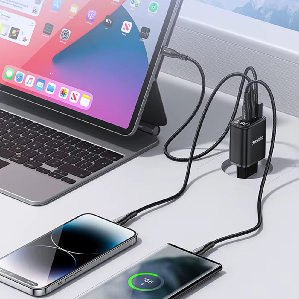 Chargeur Réseau Yesido YC69 Display, 30W, 3A, 1 x USB-A - 2 x USB-C, Noir