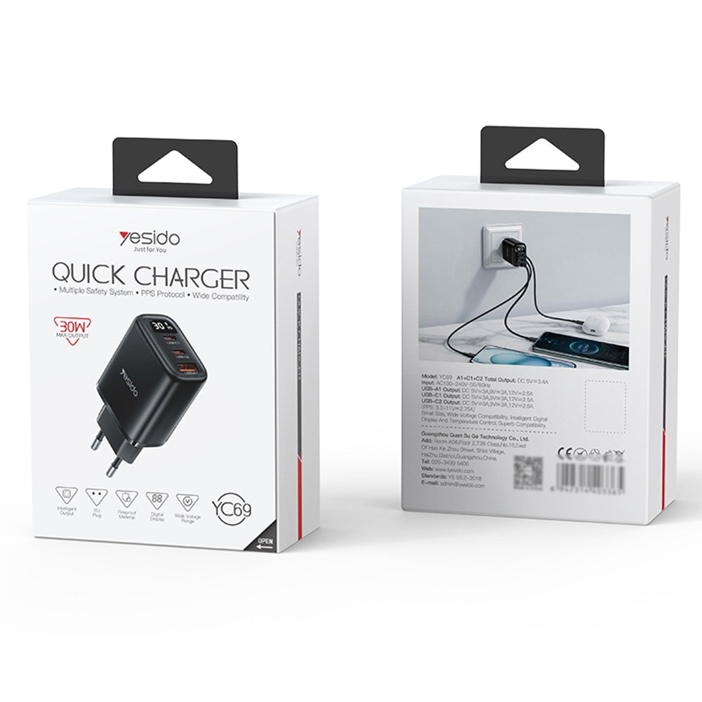 Chargeur Réseau Yesido YC69 Display, 30W, 3A, 1 x USB-A - 2 x USB-C, Noir