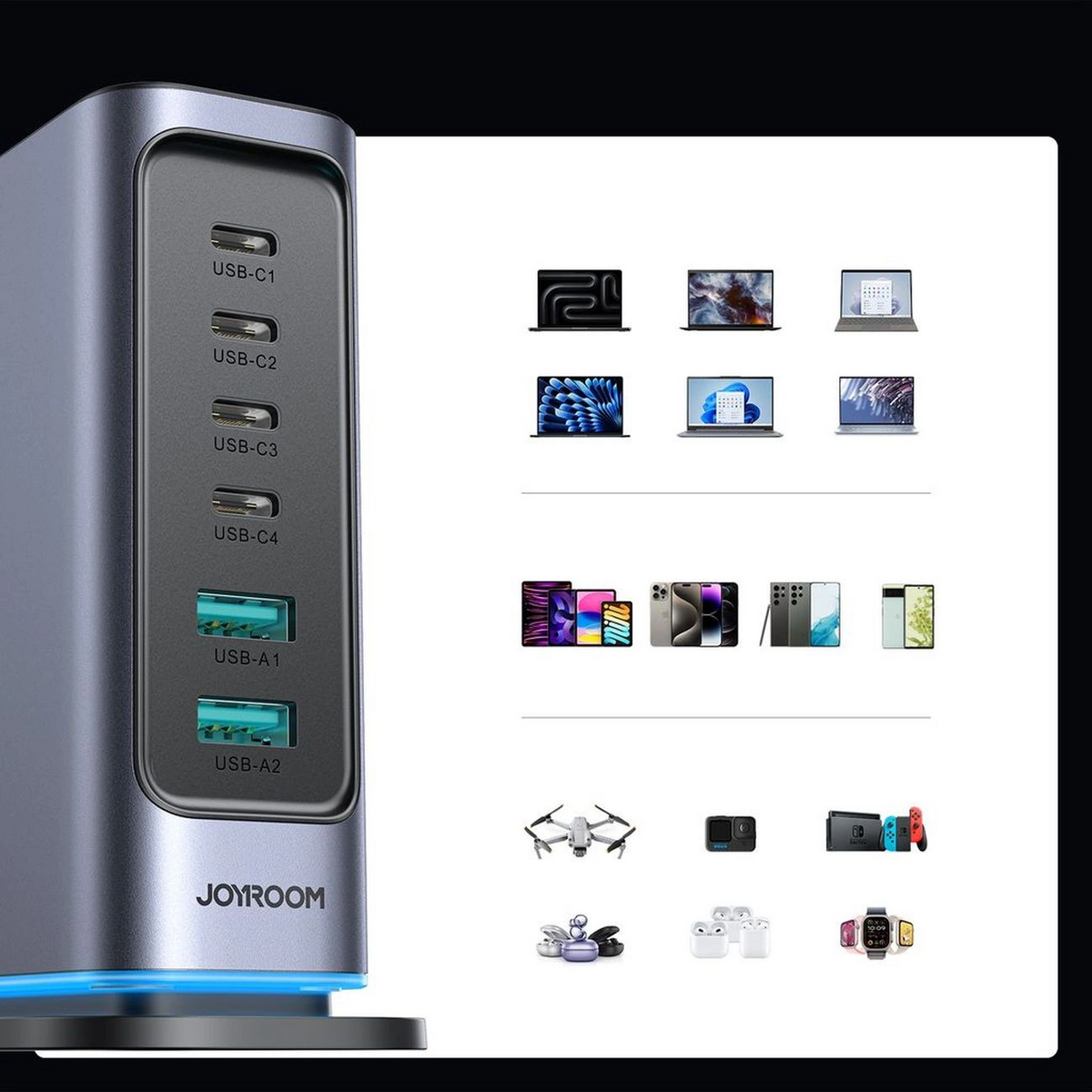 Ladestation Joyroom JR-TCM02 UK, 65W, 3,25A, 2 x USB-A - 4 x USB-C, Grau