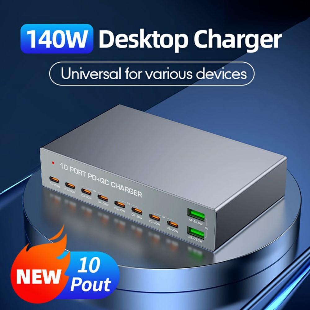 Chargeur Station OEM WLX-X6Y, 140W, 5A, 2 x USB-A - 8 x USB-C, Argent