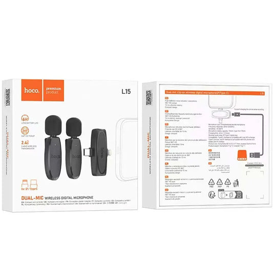 Bluetooth Lavalier HOCO L15, USB-C / Lightning, lot de 2 pièces, noir