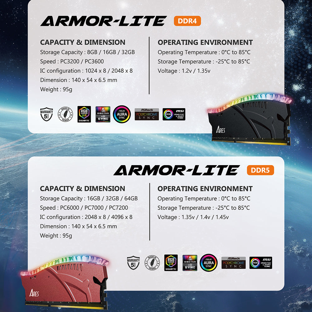 Mémoire RAM Dato Ares Armor Lite, DDR5, RGB, 16GB, 6000Mhz, Rouge ARB16G5R60