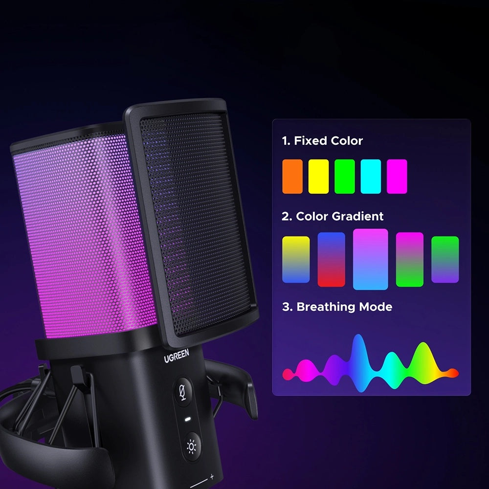 Kardioid-Mikrofon UGREEN CM581 (65629), RGB, USB-C, 1,5m, Schwarz