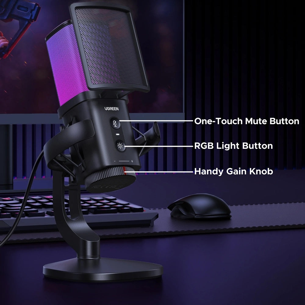 Kardioid-Mikrofon UGREEN CM581 (65629), RGB, USB-C, 1,5m, Schwarz